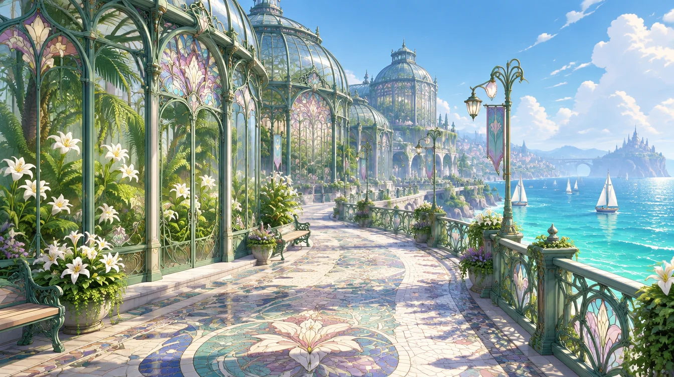 The Glasshouse Coast: promenade rumah kaca raksasa menghadap laut.